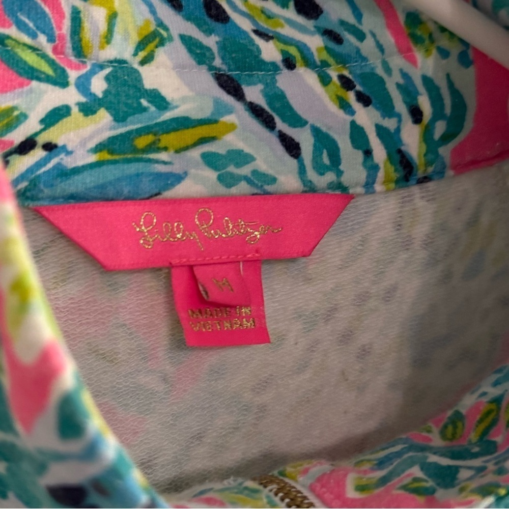 Lilly Pulitzer Skipper Popover Multi Snap Back Medium Pink Green Half Zip - Picture 3 of 8